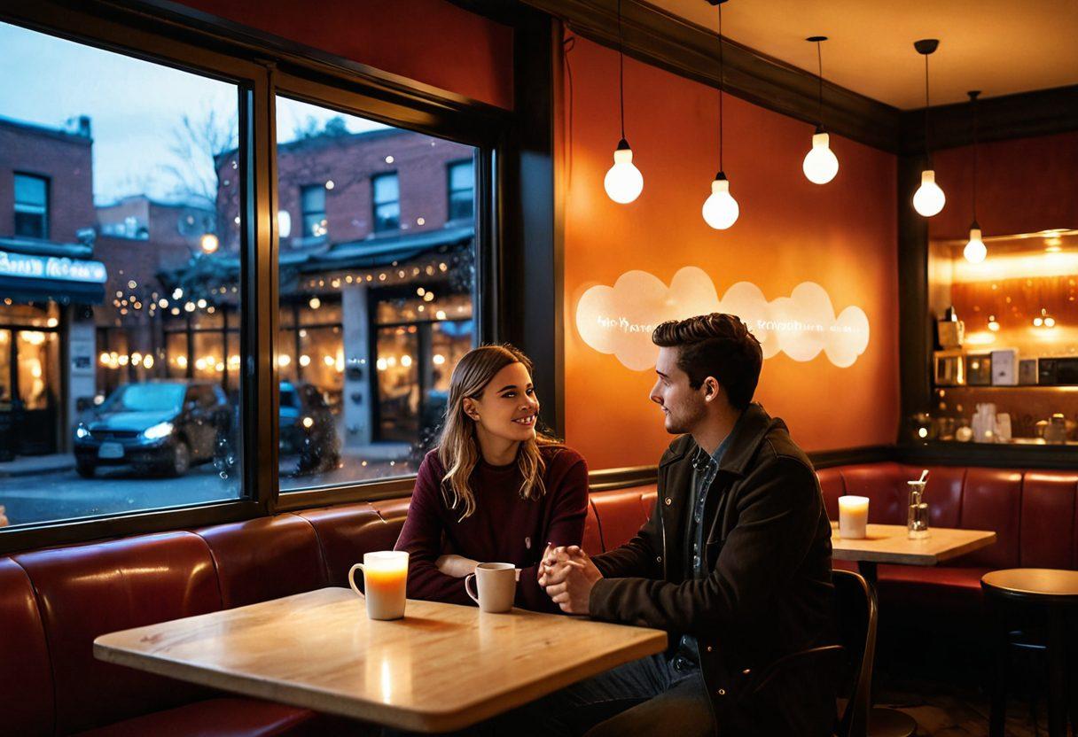 A couple engaged in a deep conversation, surrounded by floating thought bubbles containing images of past relationships and memories. The setting is a cozy, warmly-lit café, with soft coffee steam rising in the background. Their expressions show curiosity and introspection, symbolizing the depth of exploration in their relationship. Include a small heart symbol made from a mix of transparent and opaque elements to highlight transparency. super-realistic. warm tones. cozy atmosphere.