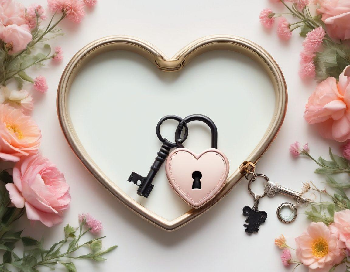 A heart-shaped lock and key intertwined with a magnifying glass, symbolizing trust and security in relationships. Surround the lock with soft pastel colors and delicate flowers, representing love, while the background features shadowy silhouettes hinting at past mistakes that the monitoring protects against. Add a glowing aura around the lock to signify confidence. super-realistic. pastel colors. white background.