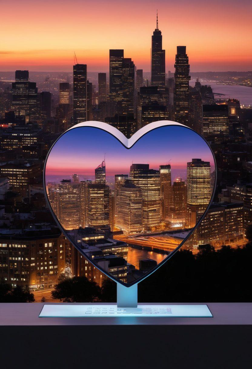 A heart-shaped magnifying glass overlaid on a backdrop of a city skyline at dusk, with shadows representing hidden dangers. A digital screen displaying a criminal record checks in the foreground, symbolizing the importance of safety in love. Softly lit with warm colors to evoke a sense of comfort and caution. super-realistic. vibrant colors. white background.